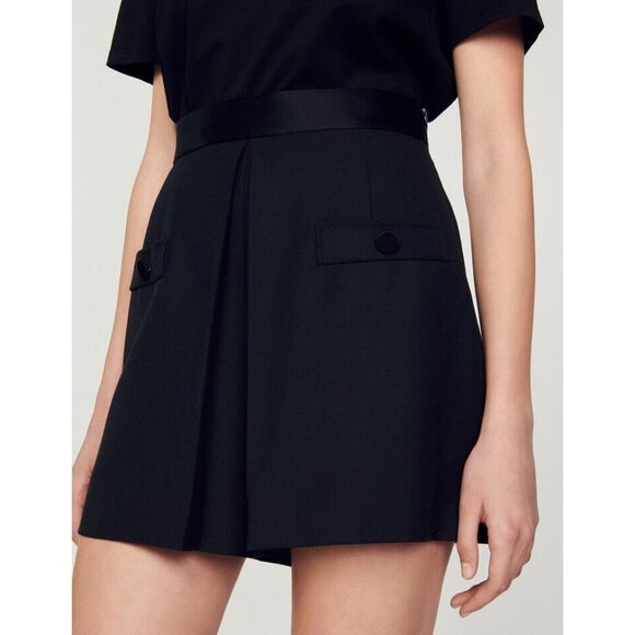 Sandro Black Wool Blend High-waisted Shorts with Buttons Size 38 (6) - Picture 4 of 13